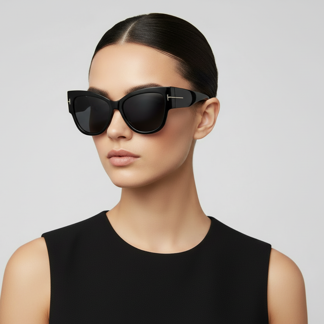 Woman wearing black sunglasses against a plain background