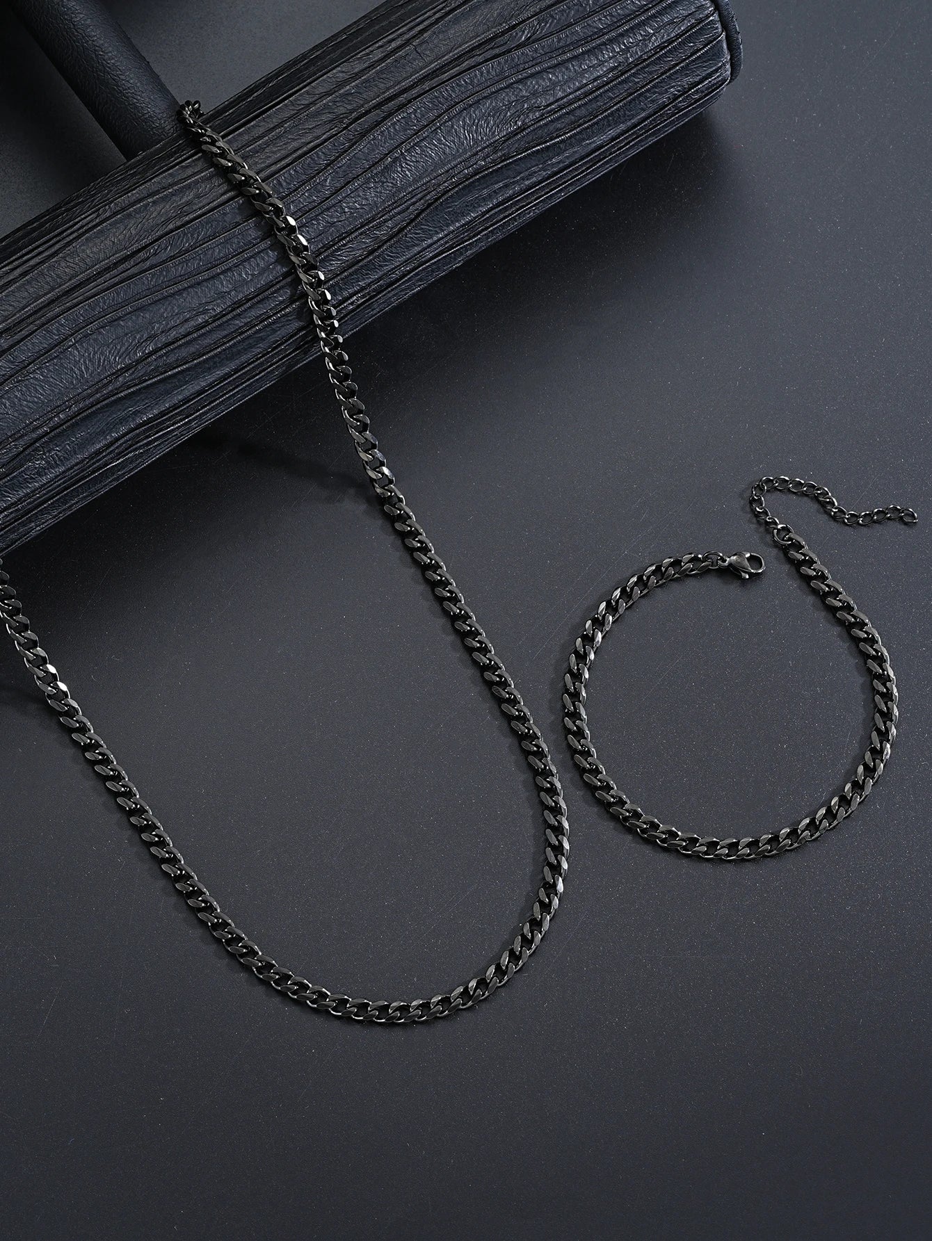Unisex Black Gold Silver Link Necklace Bracelet Set