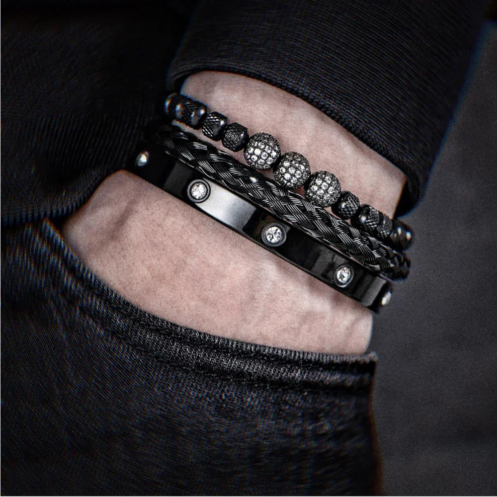 Unisex Black Numeral 3pcs Luxury Zircon Pave Bangles
