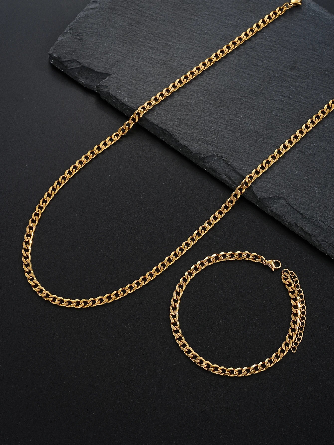 Unisex Black Gold Silver Link Necklace Bracelet Set