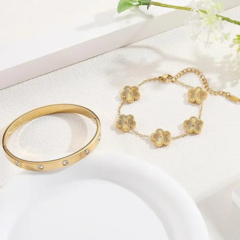 Gold Plated Gold 5 Clover Bangle Set