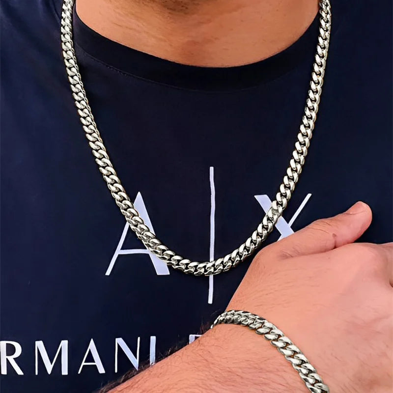 Unisex Black Gold Silver Link Necklace Bracelet Set