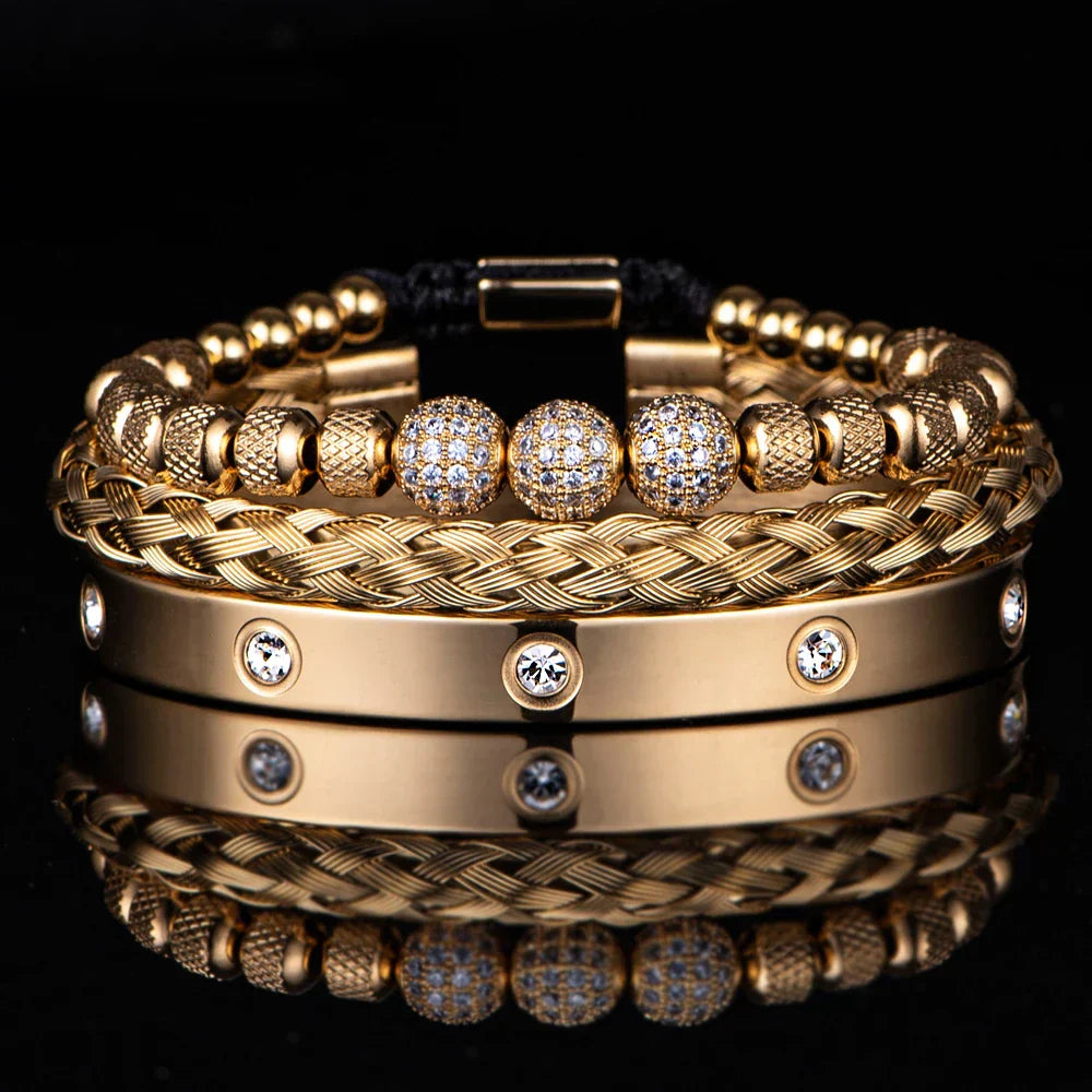 Unisex Gold 3pcs Luxury Zircon Pave Bangles