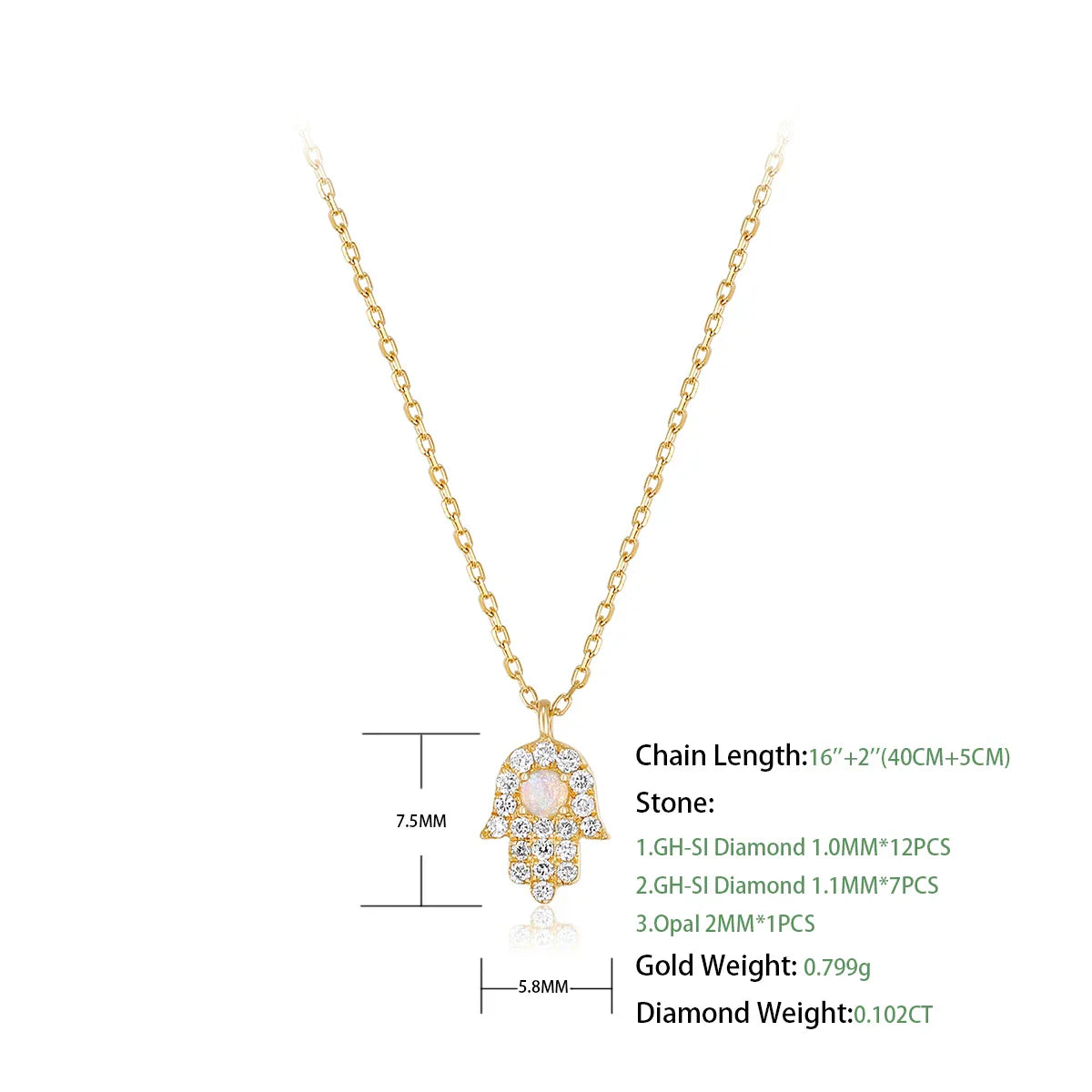 Hamsa Protection Necklace| 14K Gold Opal Diamond