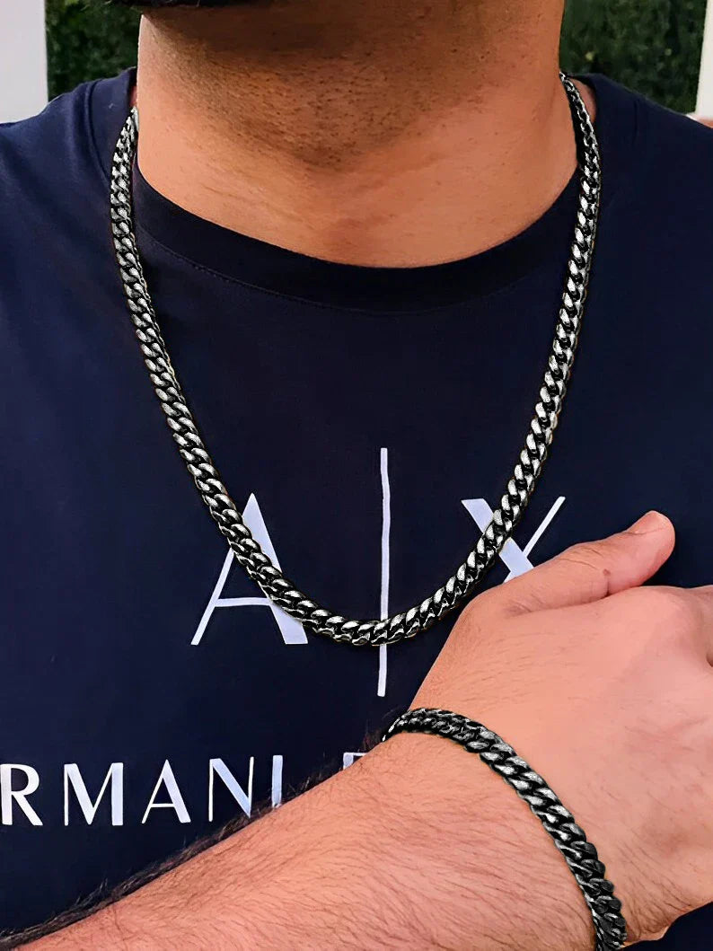 Unisex Black Gold Silver Link Necklace Bracelet Set