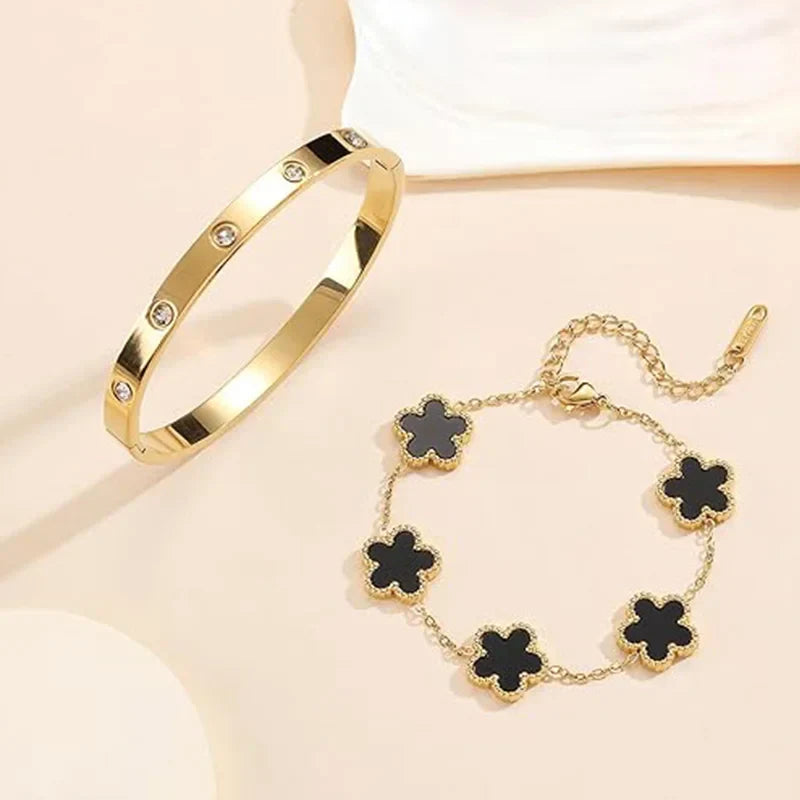 Gold Plated Black 5 Clover Bangle Set