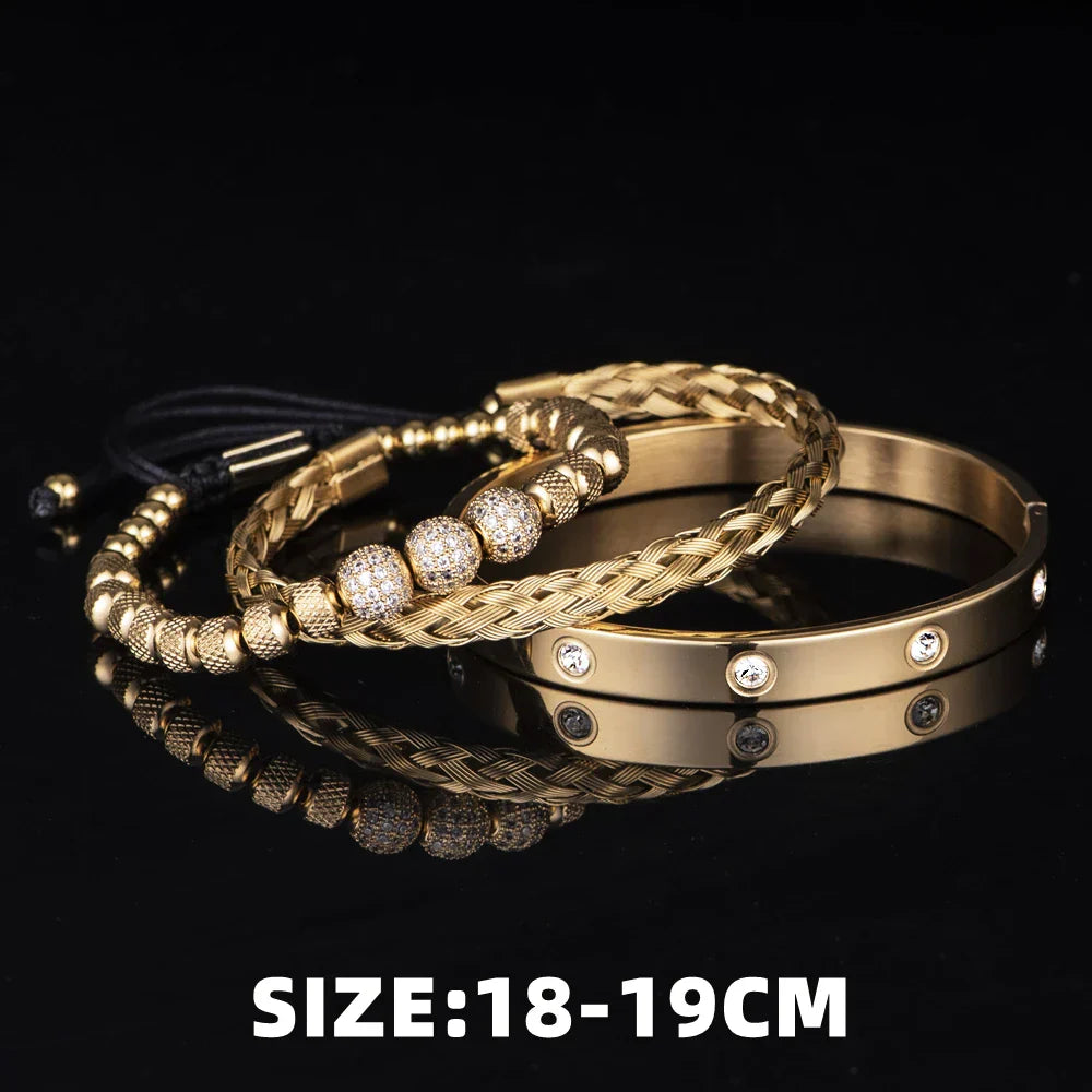 Unisex Silver Rose Roman Numeral 3pcs Luxury Zircon Pave Bangles