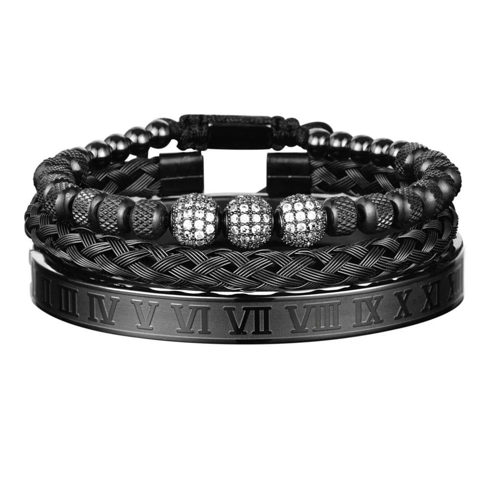 Unisex Black Numeral 3pcs Luxury Zircon Pave Bangles