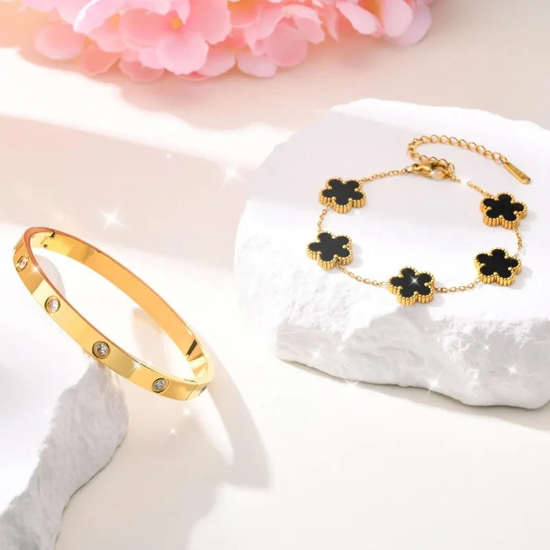 2 Pcs Black 14K Gold Plated Stackable Bracelets