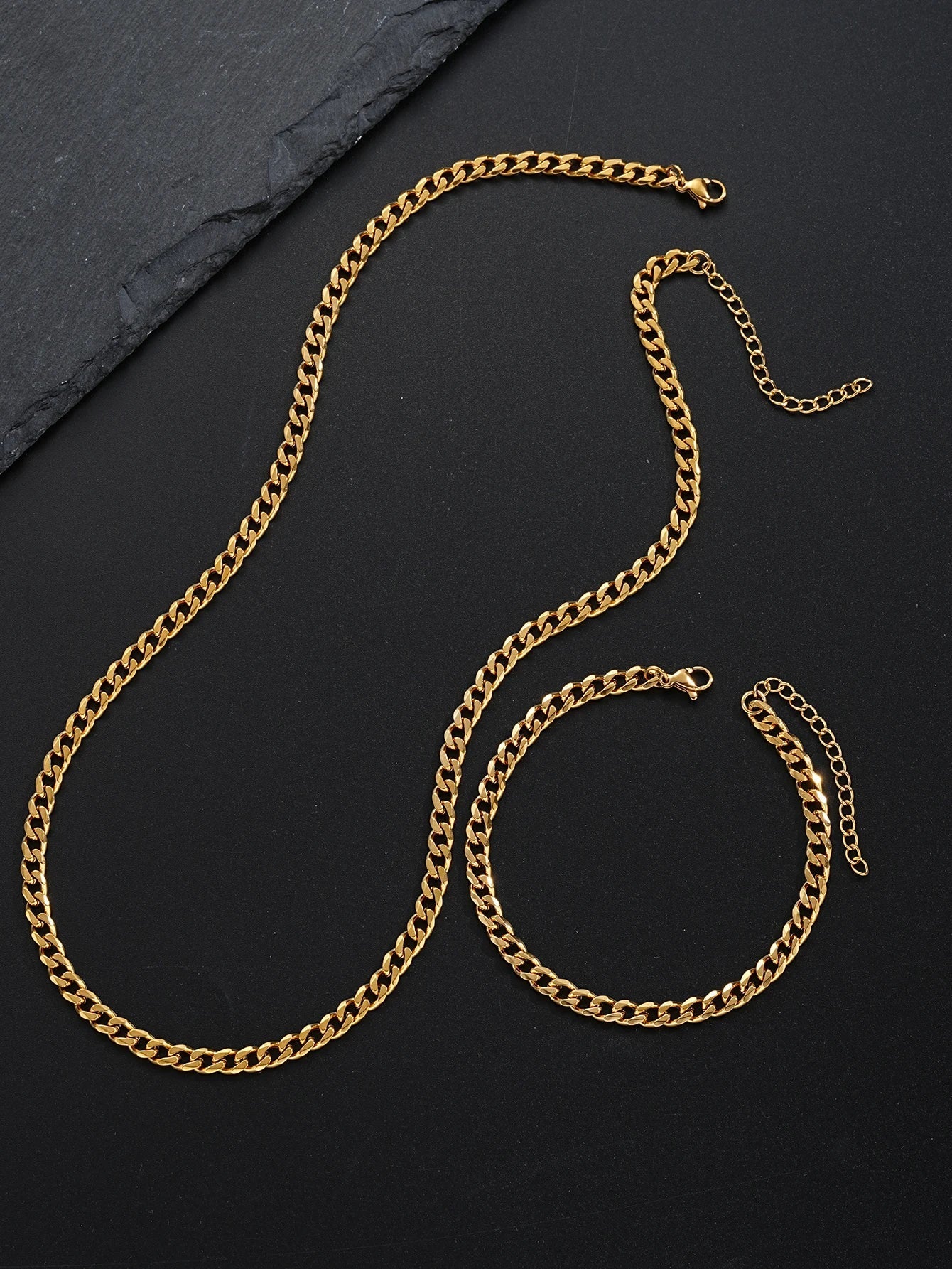 Unisex Black Gold Silver Link Necklace Bracelet Set