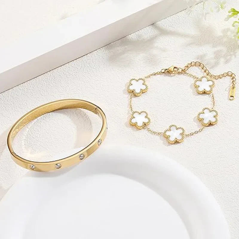 Gold Plated White 5 Clover Bangle Set