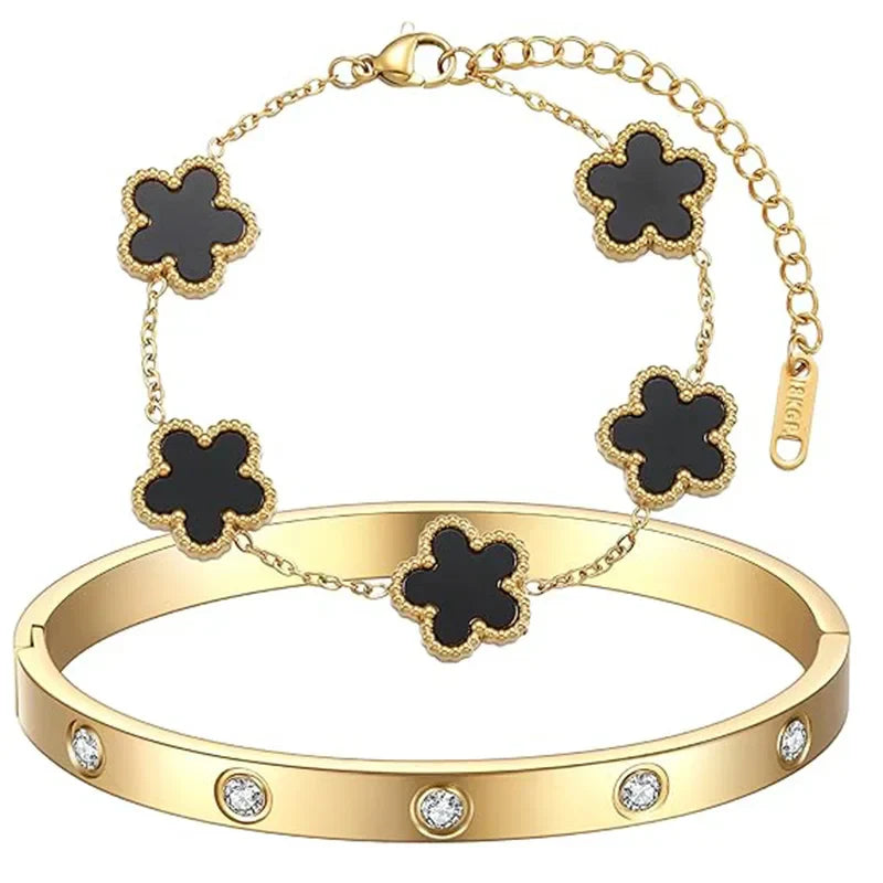 Gold Plated Black 5 Clover Bangle Set
