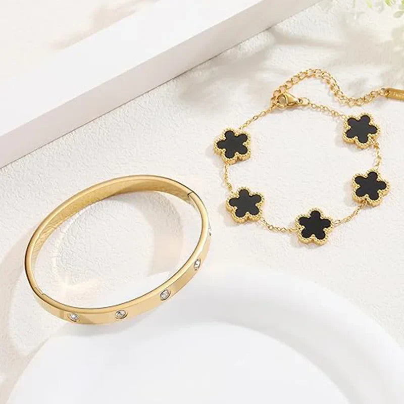 Gold Plated Black 5 Clover Bangle Set