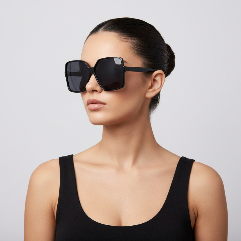 Black sunglasses with dark lenses on a white background