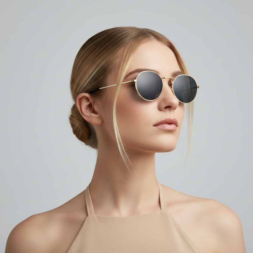 Round sunglasses with gold frame and black lenses on a white background