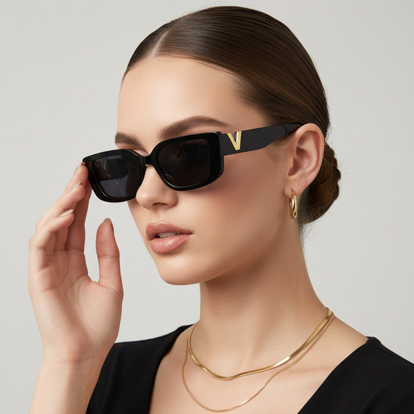 Black sunglasses with a gold 'V' on a white background